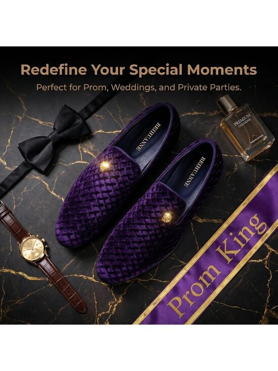 REIHUANNE Men\'s Purple Velvet Penny Loafers Suede Slip On Smoking Wedding Shoes main image 6